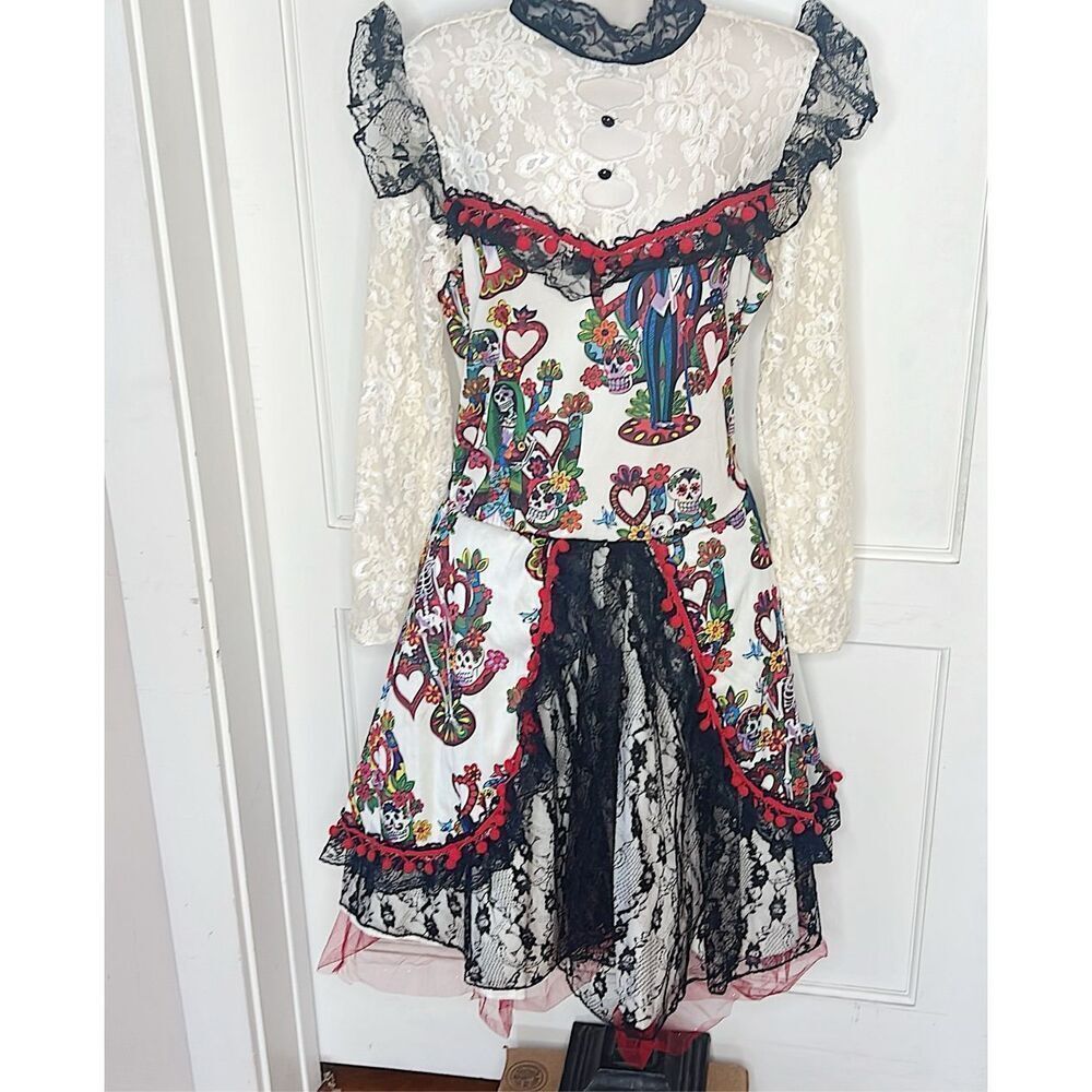Lace & Floral Mixed-Media Women’s Dress - White/Black with Multicolor Accents